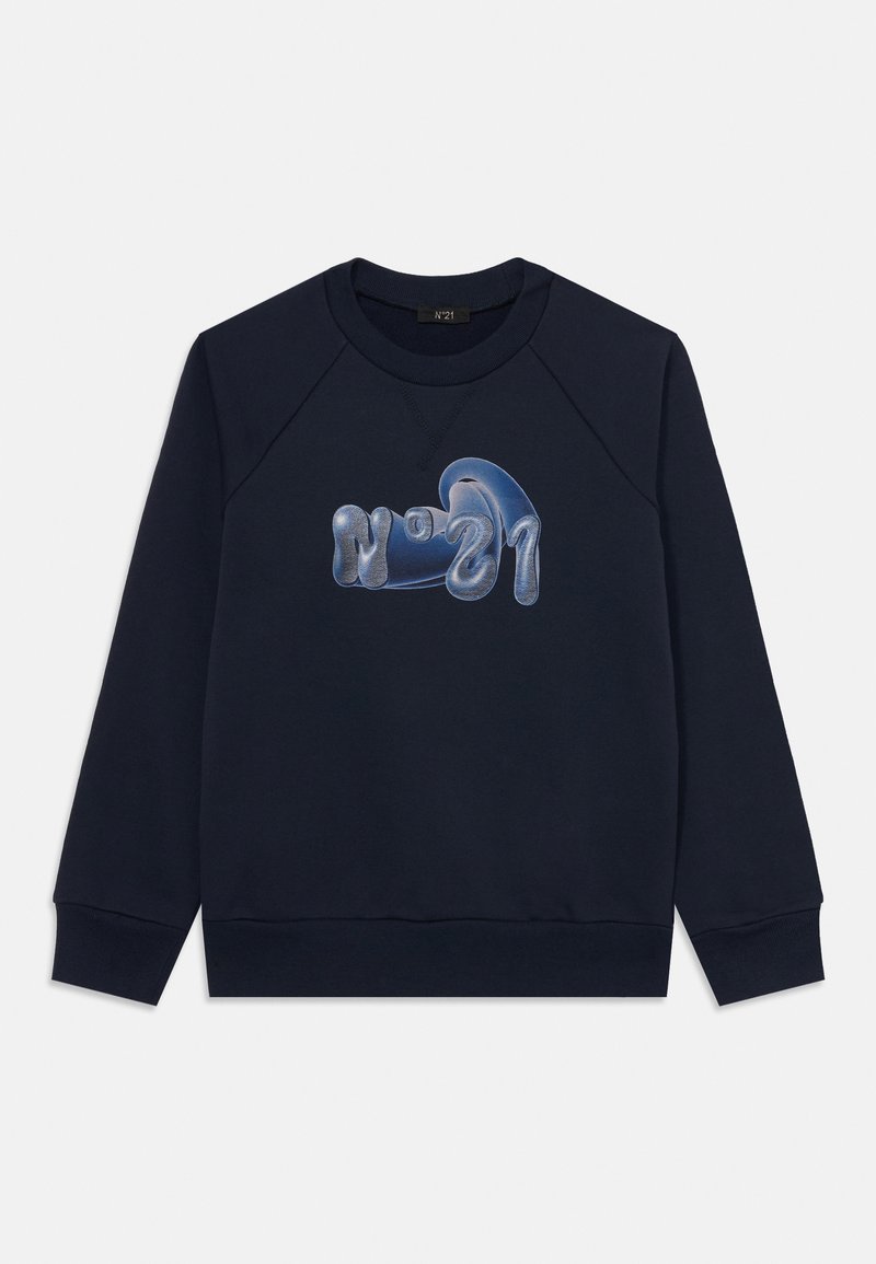 Felpa in cotone blu navy con scollatura rotonda e maniche raglan. Presenta una grafica testurizzata blu "N°21" sul davanti.