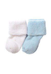 Pair of baby socks in white and light blue, made of soft fuzzy material. Each sock has a ribbed cuff and rounded toes.
