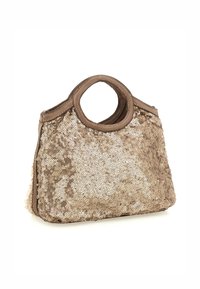 Borsa a tracolla in beige con manici rotondi, lati in tessuto morbido e superficie texturizzata, che mette in mostra un design scintillante e riflettente.