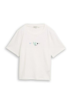 T-shirt blanc à manches courtes avec cinq petits cœurs et le mot "love" imprimés en bleu clair, vert menthe, noir et gris sur la poitrine.