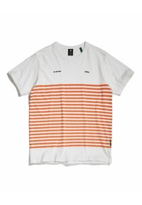 Hvid bomulds T-shirt med vandrette orange og grå striber. Har logo tekst "G-Star" og "RAW" over stribemønsteret.
