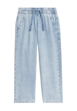 Light blue denim pants with an elastic waistband, drawstring, and two side pockets. The fabric has a soft texture with a relaxed fit.
