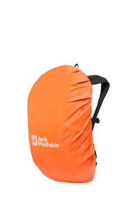 Sac à dos Jack Wolfskin en orange vif, fabriqué en matériau lisse et résistant à l'eau. Doté de bretelles noires et d'un logo sur le devant.