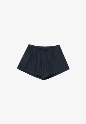 Dunkelblaue Leinen-Shorts mit einem elastischen Bund und einem Kordelzug, locker geschnitten und in einem klaren, schlichten Design.