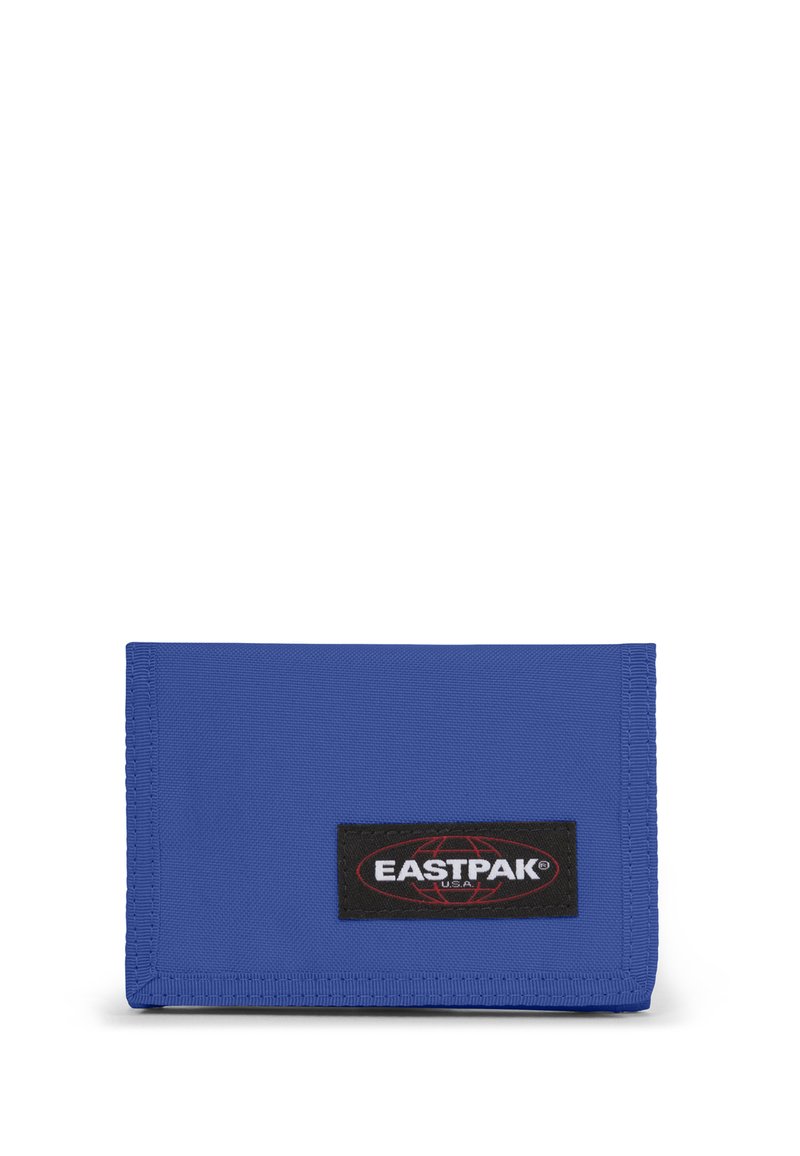 Blue rectangular fabric wallet with black Eastpak logo patch featuring white text and red globe design on front.