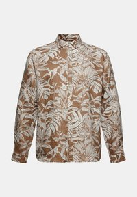Chemise à manches longues boutonnée marron avec des motifs blancs de feuilles tropicales et de plantes, avec un col classique et des poignets standards.