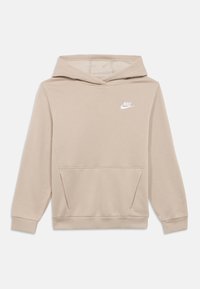Felpa con cappuccio beige Nike con tasca frontale, design a pullover, cappuccio regolabile e logo bianco sul petto. Tessuto morbido in misto cotone.