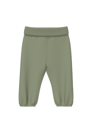 Olijfgroene babybroek met brede tailleband en elastische boorden, ontworpen voor comfort en bewegingsvrijheid.