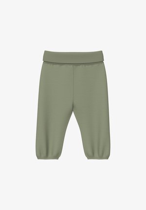 Olive green baby pants with wide waistband and elasticized cuffs, designed for comfort and ease of movement.