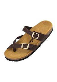 Brown leather sandal with adjustable cross straps and buckles, cork insole, and textured rubber sole. Notable flat design.