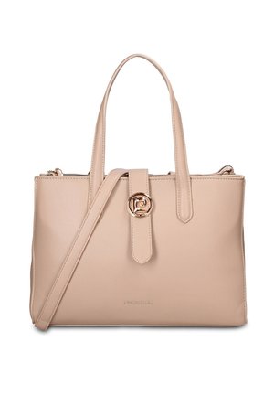 Borsa a mano in pelle beige con due manici, tracolla regolabile e fibbia circolare dorata al centro frontale.