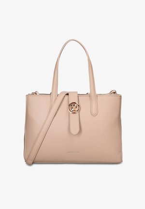 Borsa a mano in pelle beige con due manici, tracolla regolabile e fibbia circolare dorata al centro frontale.