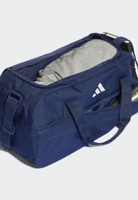 Blauwe sporttas met een ritsopening, gevoerd interieur, dubbele handgrepen en een meshpaneel aan de zijkant. Voorzien van een wit logo.