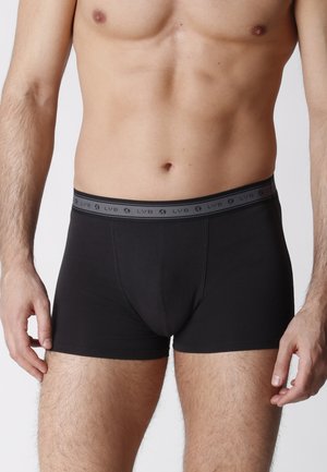 Torso maschile che indossa boxer neri con una fascia in vita scura con il logo "LVB" ripetuto, in piedi contro uno sfondo chiaro e uniforme.