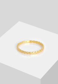 Guld ring med en række flade, runde perler, der er forbundet i et kontinuerligt bånd. Mærket med '375' indeni, hvilket indikerer guldets renhed.