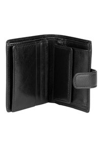 Cartera de cuero negro con múltiples ranuras para tarjetas, un pequeño compartimento para monedas y un cierre de solapa, con textura suave y costuras limpias.