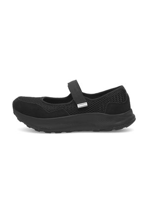Czarne buty stylu Mary Jane z siateczkowym wierzchem i zamszowymi akcentami. Posiadają grubą gumową podeszwę oraz pasek na podbiciu dla lepszego wsparcia.