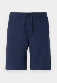 Short bleu marine longueur genou avec poches avant, passants pour ceinture, fermeture par bouton et taille à cordon sur un fond clair.
