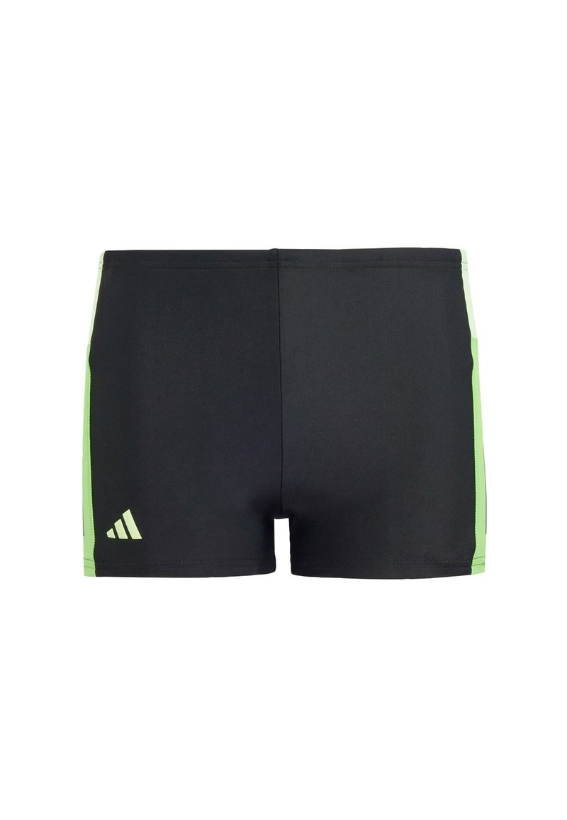 Pantaloni da nuoto neri con inserti verdi, realizzati in materiale elastico. Presentano un design minimalista con il logo Adidas sul lato sinistro inferiore.