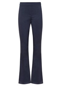 Granatowe spodnie dzwony wykonane z miękkiej elastycznej tkaniny, charakteryzujące się gładką fakturą i dopasowanym pasem dla wygody.
