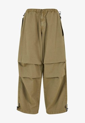 Pantaloni cargo beige con vita elastica, grandi tasche frontali e polsini regolabili. Realizzati in tessuto leggero con una superficie liscia.