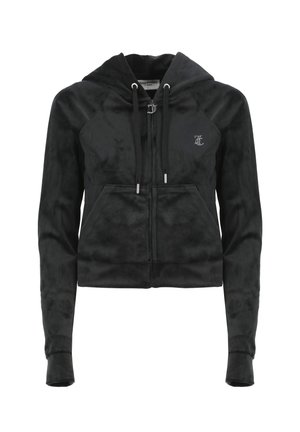 Črna skrajšana kapuca izdelana iz mehke tkanine, z sprednjim zadrgo, kapuco s vrvico, sprednjimi žepi in subtilnim logotipom.