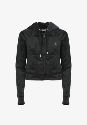 Felpa cropped nera realizzata in tessuto morbido, con zip frontale, cappuccio regolabile, tasche frontali e un accento logo discreto.