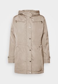 Béžová nepromokavá parka s kapucí, zipovými náprsními kapsami, zapínáním na knoflíky, nastavitelnými manžetami a stáhnutým pasem pro slim fit vzhled.