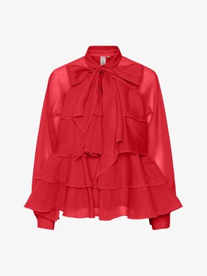 Sarkana, caurspīdīga blūze ar lentu apkaklei, daudzslāņu frill dizains, garas piedurknes un aproču detaļas. Viegls audums ar plūstošu siluetu.
