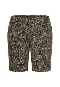 Kratke hlače s uzorkom leoparda od mekanog, laganog materijala, s bež osnovom i crnim pjegama. Elastična stražnjica, do koljena.