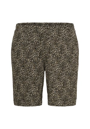 Šortky s leopardím vzorem z měkké, lehké tkaniny s béžovým základem a černými tečkovanými vzory. Elastický pas, délka ke kolenům.