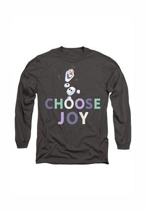 Black long-sleeve shirt featuring a cartoon snowman with the text "CHOOSE JOY" in multicolored letters, showcasing a playful design.