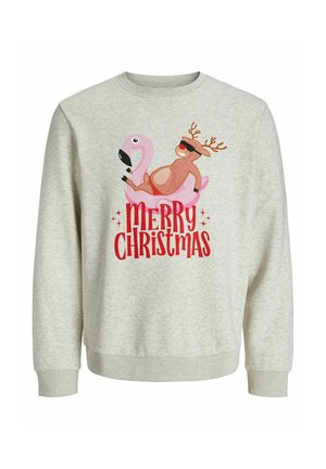 Felpa grigia chiara con grafica di un fenicottero e una renna. Il testo recita "BUON NATALE" in rosso bold, con colletto rotondo e polsini a costine.