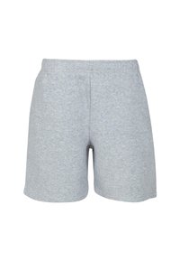 Pantaloni corti grigi in cotone con una vita elastica. Tessuto liscio, taglio dritto e design fino al ginocchio. Senza motivi o dettagli visibili.