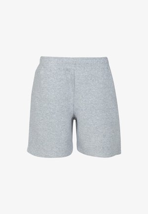 Pantaloni corti grigi in cotone con una vita elastica. Tessuto liscio, taglio dritto e design fino al ginocchio. Senza motivi o dettagli visibili.