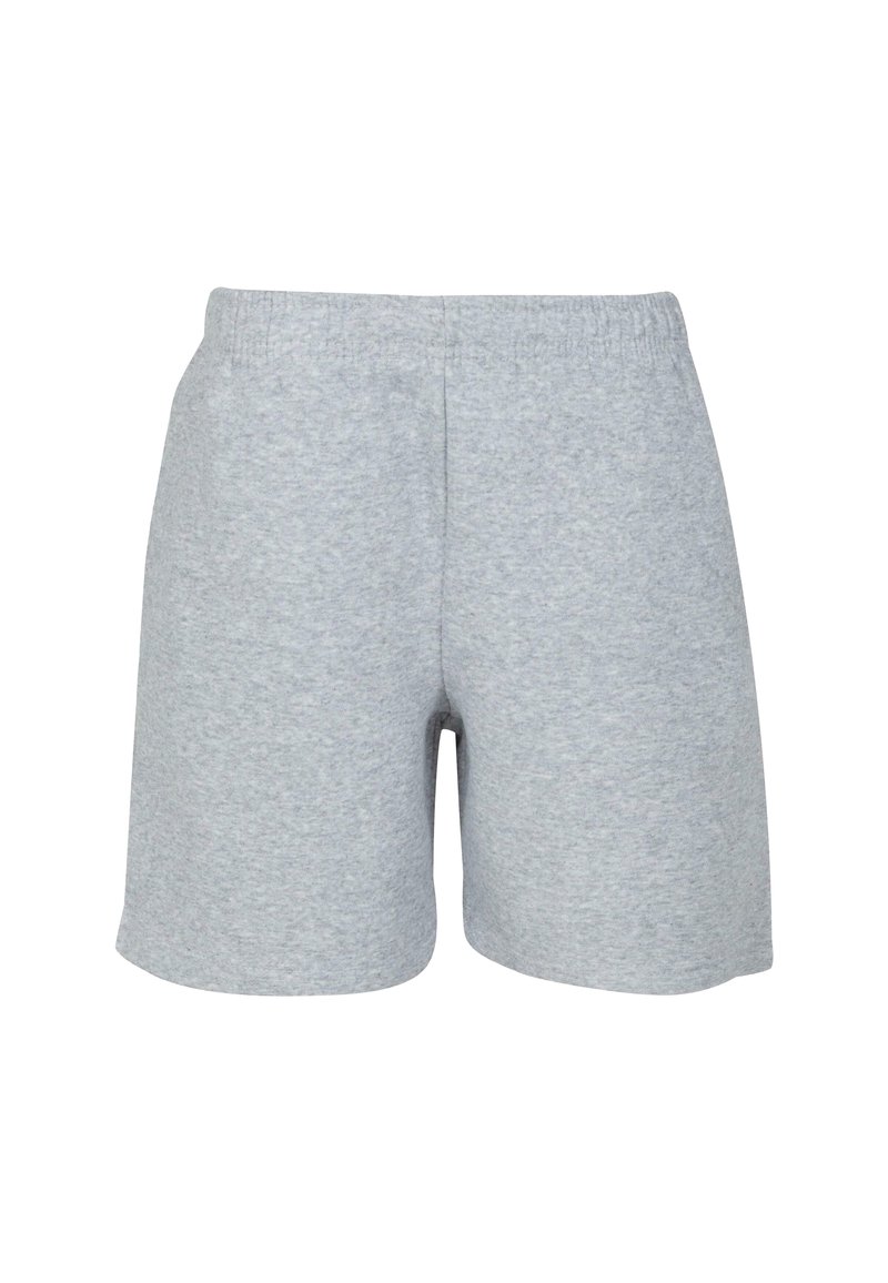 Pantaloni corti grigi in cotone con una vita elastica. Tessuto liscio, taglio dritto e design fino al ginocchio. Senza motivi o dettagli visibili.