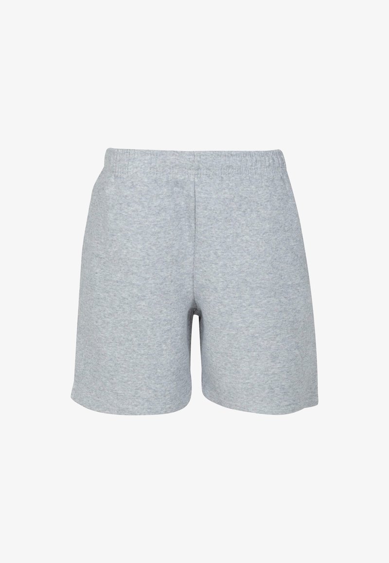 Shorts en coton gris avec une taille élastique. Texture lisse, coupe droite et longueur au genou. Pas de motifs ni d'accents visibles.