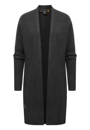 Cárdigan largo de punto gris oscuro con apertura frontal, mangas largas y ribetes acanalados en el cuello, los puños y el dobladillo.