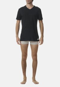 Black cotton V-neck t-shirt paired with light gray boxer briefs, featuring a simple design, short sleeves, and a relaxed fit.