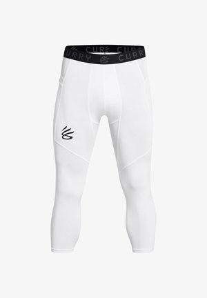 Białe sportowe legginsy kompresyjne z czarnym elastycznym pasem z napisem „CURRY” oraz czarnym logo na udzie. Gładki, dopasowany krój.