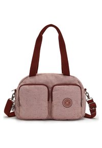 Rød og hvid stofpose med fiskebensmønster, to frontlommer med lynlås, et rundt logo-patch og justerbar skulderrem.