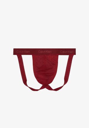 Jockstrap pour homme Calvin Klein en bordeaux avec une ceinture logotypée et une pochette en tissu maille, conçu pour le soutien et la ventilation.