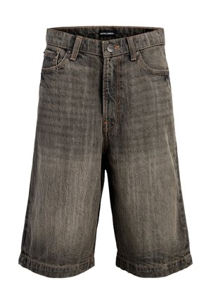 Meeste musta pleegitatud teksapüksid, millel on viis taskut, vööaugud, nööpidega sulgur ja nähtavad õmblused.