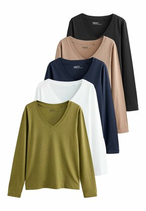 Set aus fünf langärmligen V-Ausschnitt-T-Shirts in olivgrün, weiß, marineblau, hellbraun und schwarz. Weicher Stoff mit lockerer Passform.