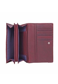 Portafoglio in pelle color bordeaux con più slot per carte, due scomparti con cerniera e chiusura a pulsante. Interno rivestito in tessuto viola.