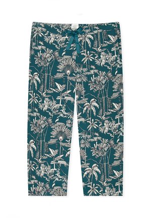 Tyrkismarineblå pyjamasbukser med hvidt tropisk løv og dyreprint, med snøre i taljen og lige ben.