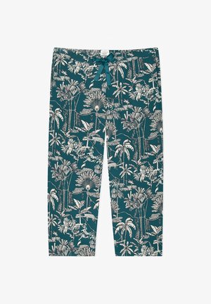 Tyrkismarineblå pyjamasbukser med hvidt tropisk løv og dyreprint, med snøre i taljen og lige ben.