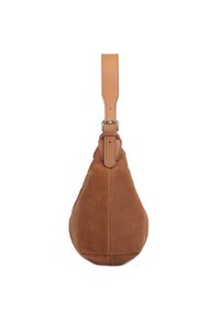 Brown suede handbag with a smooth leather strap. The bag is teardrop-shaped with a flat bottom and stitched accents near the strap.