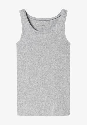 Grijze katoenen tanktop met een ronde halslijn en brede schouderbanden. De stof heeft een ribbelstructuur en een aansluitend ontwerp.