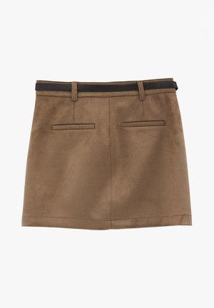 Brown suede mini skirt with two back welt pockets and a slim dark brown belt threaded through loops.
